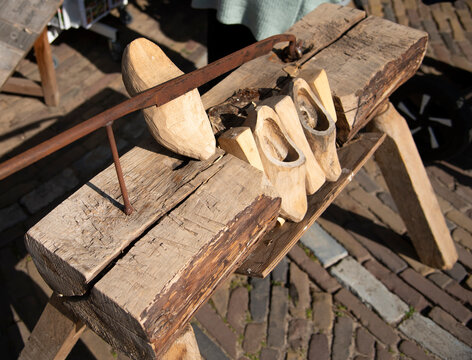 Enkhuizen, Netherlands. June 2022. The process of manufacturing wooden shoes.