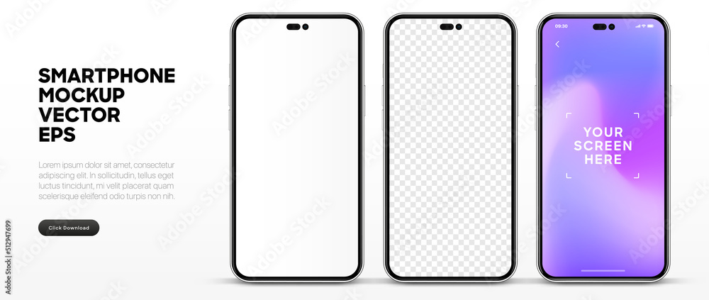 Poster Realistic smartphone mockup isolated with transparent screens. Smart phone mockup collection. Device front view. 3D mobile phone with shadow on white background. Realistic, flat and line style