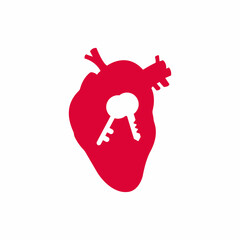 Keys in the heart vector red illustration. EPS 10. Colored icon. Trendy flat isolated symbol on white. Love concept. Sign can be used for infographic, logo, app, banner, web design, dev, ui, ux