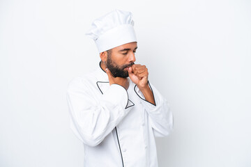 Young Brazilian chef man isolated on white background is suffering with cough and feeling bad