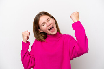 Young English woman isolated on white background celebrating a victory