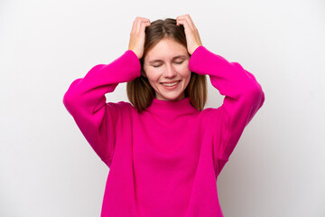 Young English woman isolated on white background laughing