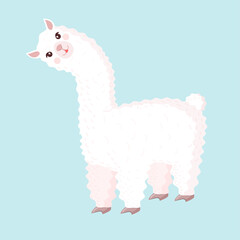 Fototapeta premium Cute llama or alpaca on a blue background. Vector illustration for baby texture, textile, fabric, poster, greeting card, decor.