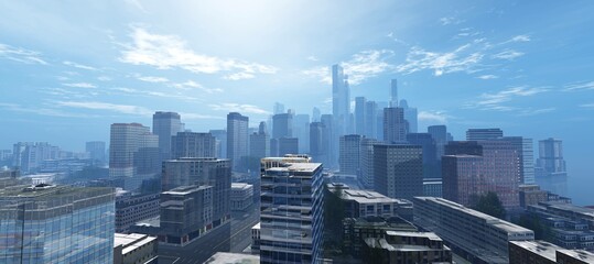 Morning city in a haze, skyscrapers in a foggy haze, a city in the rays of the morning sun, 3d rendering