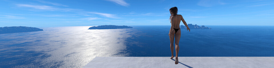 Illustration of a beautiful woman wearing black bikini bottoms looking into the distance at a resort in the afternoon sun.