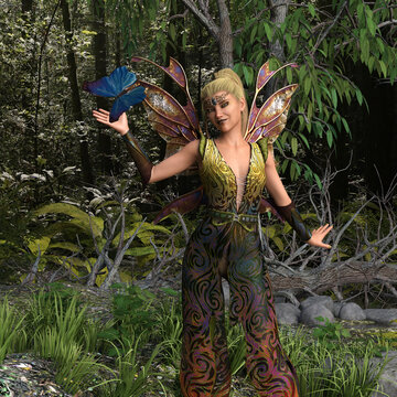 3d illustration of a beautiful winged fairy in an intricate jumpsuit with a large blue butterfly near her hand in a forest.