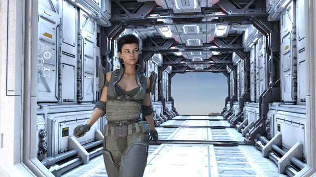 Illustration of a woman combat soldier walking in a futuristic corridor open at one end showing a cloudy blue sky.