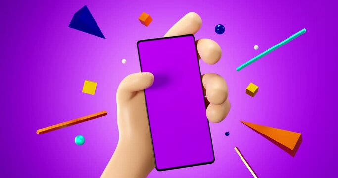 cartoon hand holding smartphone with blank screen on purple background, 3d rendering, mockup with copy space