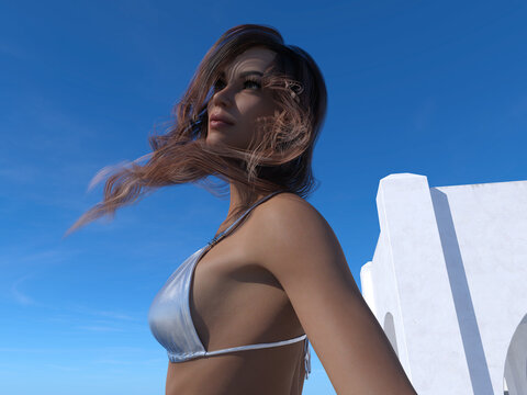 Illustration of the upper torso of a beautiful woman looking into the distance at a resort on a windy day in the afternoon sun.