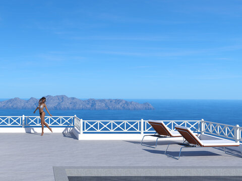 Illustration of a carefree woman in a bikini at the edge of a handrail lined terrace walking playfully at a resort in the afternoon sun.