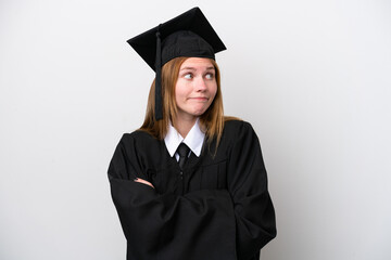 Young university graduate English woman isolated on white background making doubts gesture while lifting the shoulders