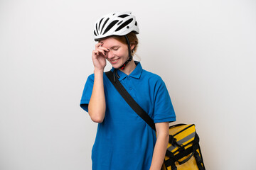 Young English woman with thermal backpack isolated on white background laughing