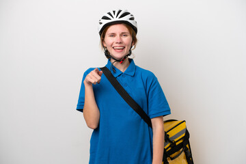 Young English woman with thermal backpack isolated on white background surprised and pointing front