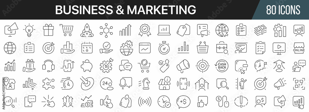 Aufkleber business and marketing line icons collection. big ui icon set in a flat design. thin outline icons p
