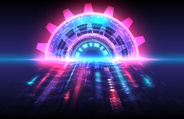 Futuristic Sci-Fi glowing HUD element and particle gear. Abstract hi-tech background. Perspective speed arrow. Internet motivation and connection. Landing page, algorithm and big data