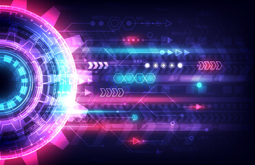 Futuristic Sci-Fi glowing HUD element and particle gear. Abstract hi-tech background. Speed arrow of head-up display interface. Internet motivation and connection