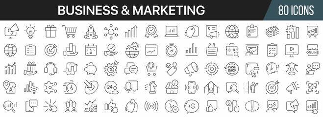 Business and marketing line icons collection. Big UI icon set in a flat design. Thin outline icons pack. Vector illustration EPS10