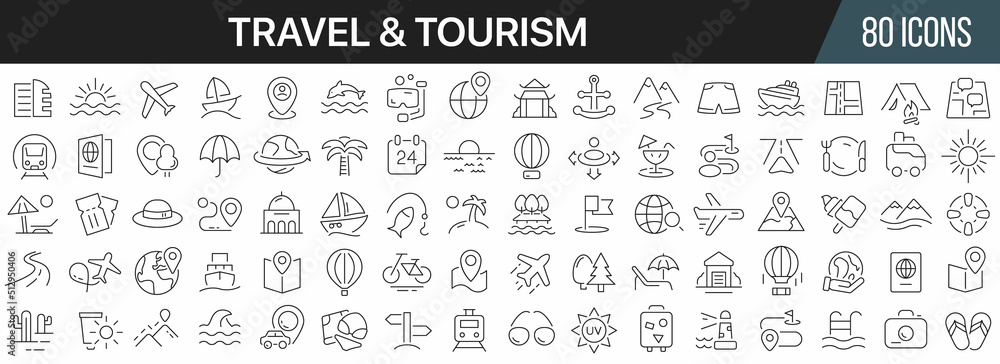 Aufkleber travel and tourism line icons collection. big ui icon set in a flat design. thin outline icons pack.