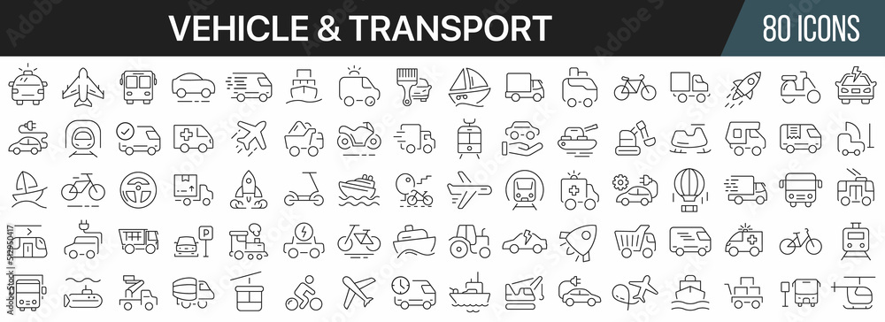 Poster vehicle and transport line icons collection. big ui icon set in a flat design. thin outline icons pa