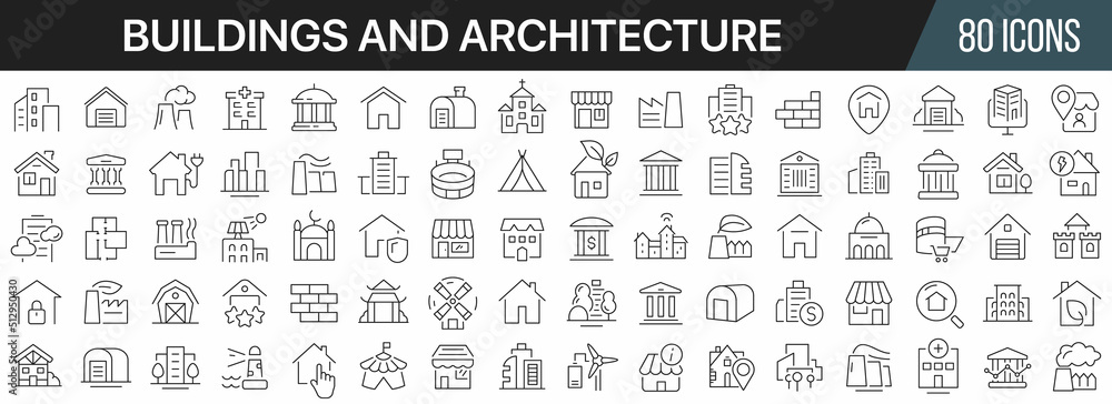 Poster Buildings and architecture line icons collection. Big UI icon set in a flat design. Thin outline icons pack. Vector illustration EPS10