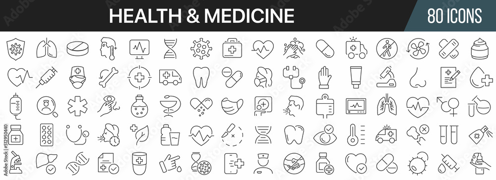 Poster health and medicine line icons collection. big ui icon set in a flat design. thin outline icons pack
