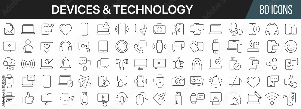 Poster Devices and technology line icons collection. Big UI icon set in a flat design. Thin outline icons pack. Vector illustration EPS10