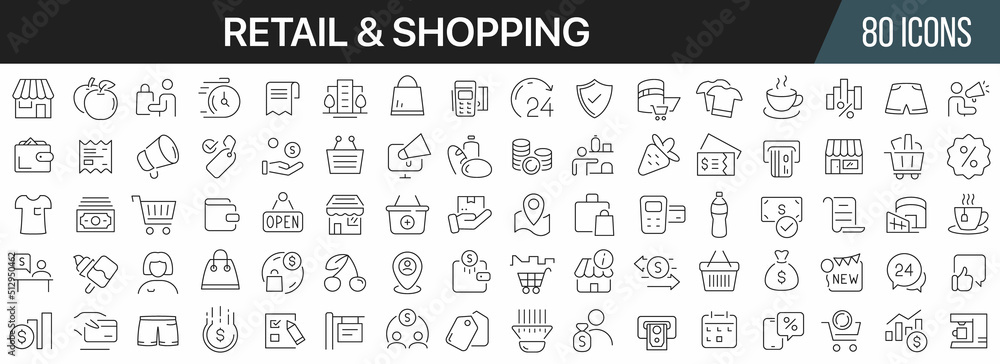 Fototapete retail and shopping line icons collection. big ui icon set in a flat design. thin outline icons pack