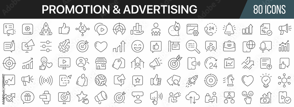 Aufkleber promotion and advertising line icons collection. big ui icon set in a flat design. thin outline icon