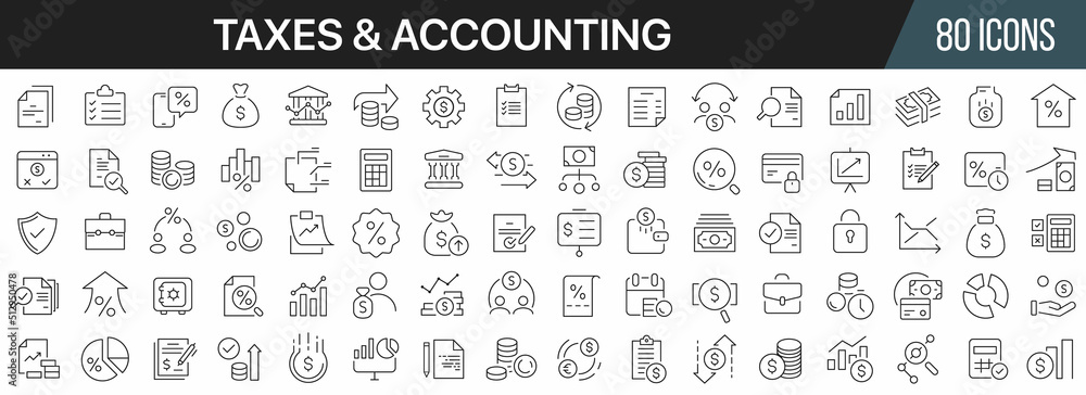 Aufkleber taxes and accounting line icons collection. big ui icon set in a flat design. thin outline icons pac