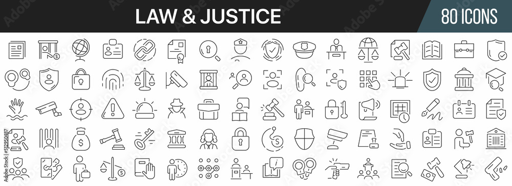 Poster law and justice line icons collection. big ui icon set in a flat design. thin outline icons pack. ve