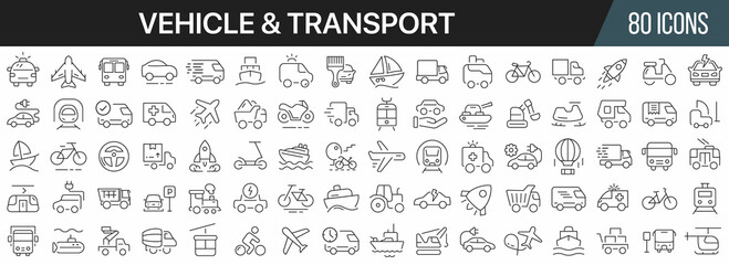 Vehicle and transport line icons collection. Big UI icon set in a flat design. Thin outline icons pack. Vector illustration EPS10