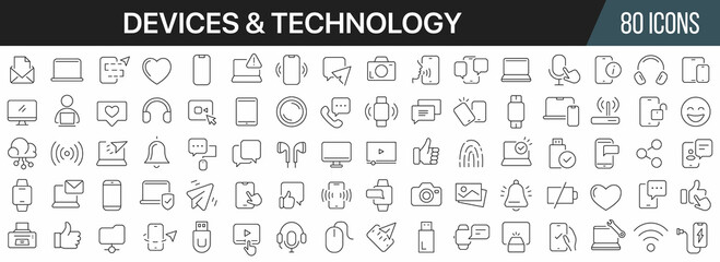 Fototapeta na wymiar Devices and technology line icons collection. Big UI icon set in a flat design. Thin outline icons pack. Vector illustration EPS10