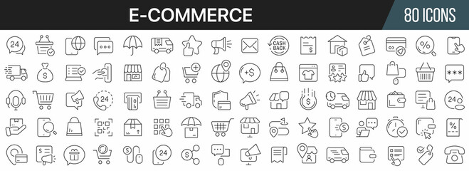 E-commerce and online shopping line icons collection. Big UI icon set in a flat design. Thin outline icons pack. Vector illustration EPS10