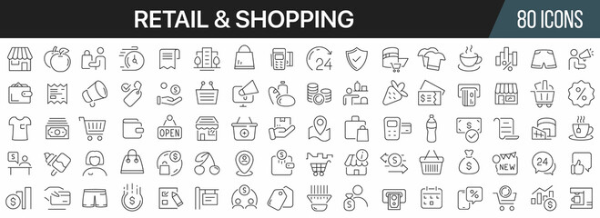 Fototapeta na wymiar Retail and shopping line icons collection. Big UI icon set in a flat design. Thin outline icons pack. Vector illustration EPS10
