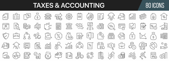 Taxes and accounting line icons collection. Big UI icon set in a flat design. Thin outline icons pack. Vector illustration EPS10