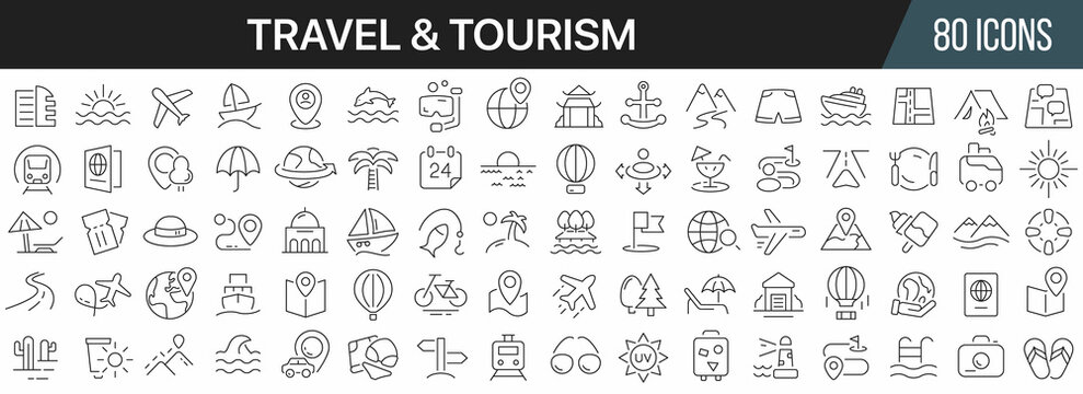 Travel and tourism line icons collection. Big UI icon set in a flat design. Thin outline icons pack. Vector illustration EPS10