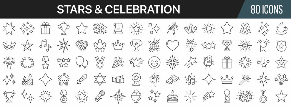 Stars and celebration line icons collection. Big UI icon set in a flat design. Thin outline icons pack. Vector illustration EPS10
