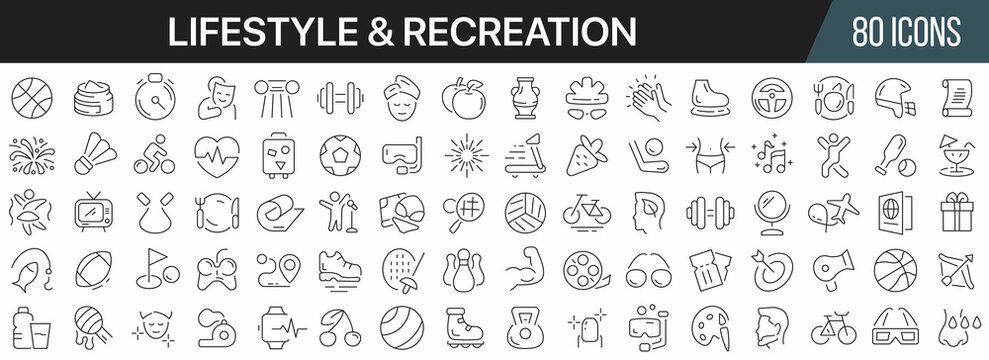 Lifestyle And Recreation Line Icons Collection. Big UI Icon Set In A Flat Design. Thin Outline Icons Pack. Vector Illustration EPS10