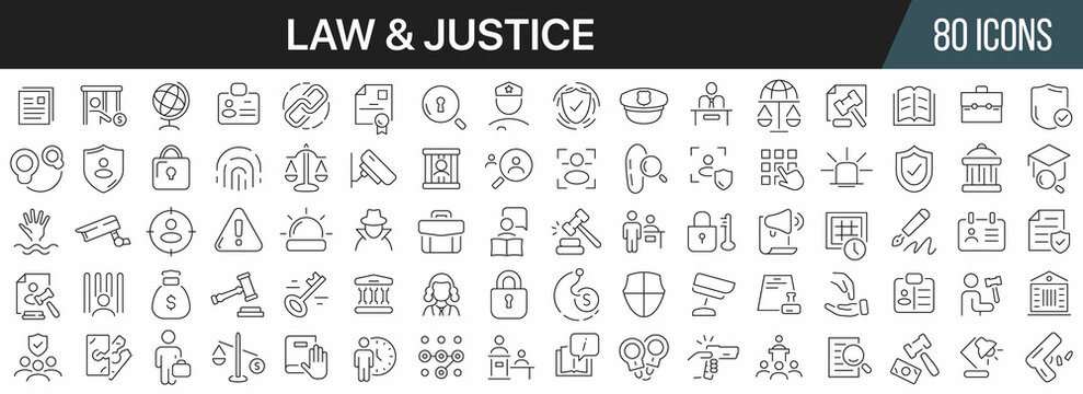 Law and justice line icons collection. Big UI icon set in a flat design. Thin outline icons pack. Vector illustration EPS10