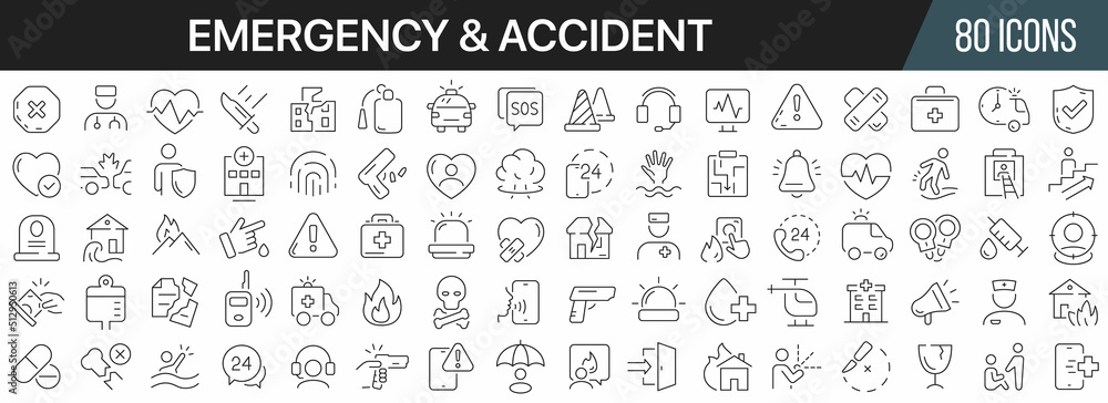 Poster accident and emergency line icons collection. big ui icon set in a flat design. thin outline icons p