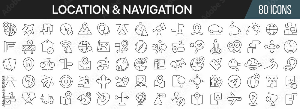 Poster Location and navigation line icons collection. Big UI icon set in a flat design. Thin outline icons pack. Vector illustration EPS10