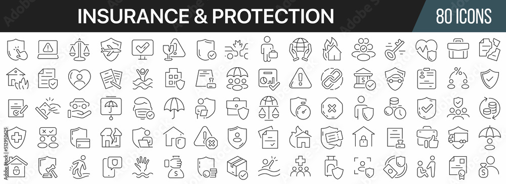Poster insurance and protection line icons collection. big ui icon set in a flat design. thin outline icons