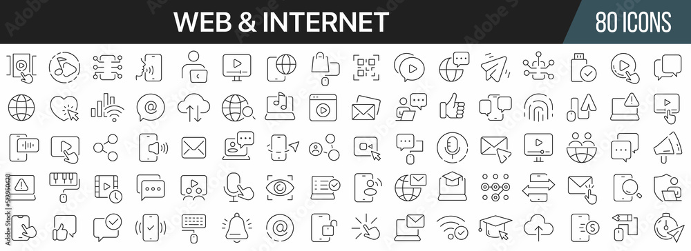 Poster Web and internet line icons collection. Big UI icon set in a flat design. Thin outline icons pack. Vector illustration EPS10
