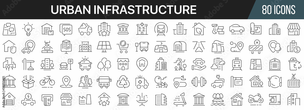 Poster Urban infrastructure line icons collection. Big UI icon set in a flat design. Thin outline icons pack. Vector illustration EPS10