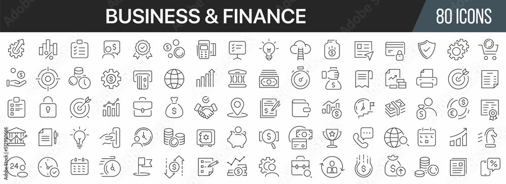 Poster finance and business line icons collection. big ui icon set in a flat design. thin outline icons pac