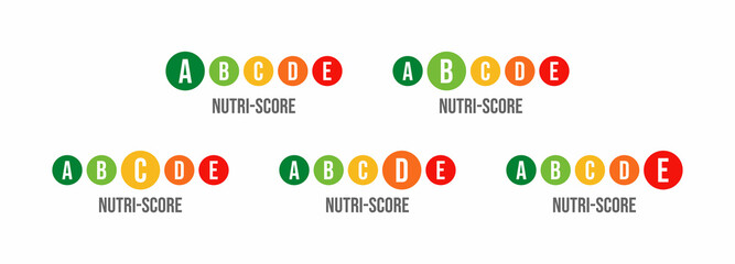 Vector illustration of nutrition labels isolated on white background. Color nutri-score ranging. Health care signs for food and drink packaging. 