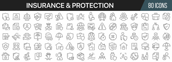 Insurance and protection line icons collection. Big UI icon set in a flat design. Thin outline icons pack. Vector illustration EPS10