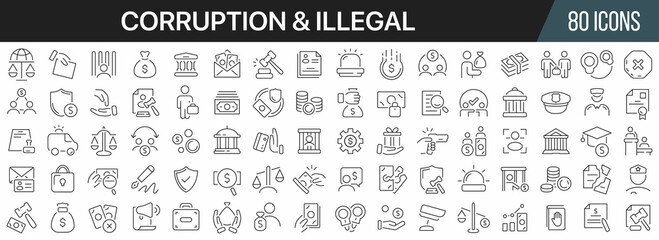 Fototapeta na wymiar Corruption and illegal line icons collection. Big UI icon set in a flat design. Thin outline icons pack. Vector illustration EPS10