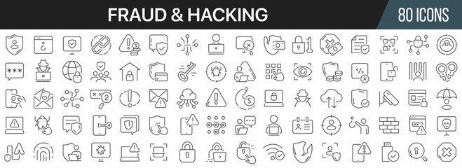 Fraud and hacking line icons collection. Big UI icon set in a flat design. Thin outline icons pack. Vector illustration EPS10 - obrazy, fototapety, plakaty