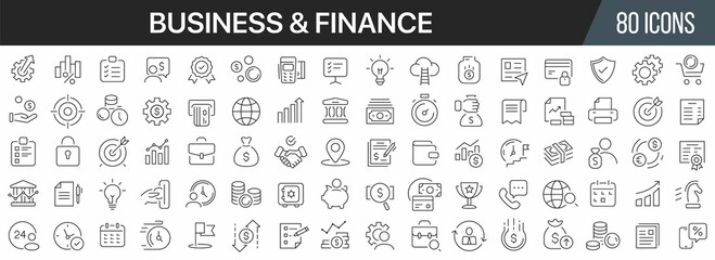 Finance and business line icons collection. Big UI icon set in a flat design. Thin outline icons pack. Vector illustration EPS10 - obrazy, fototapety, plakaty